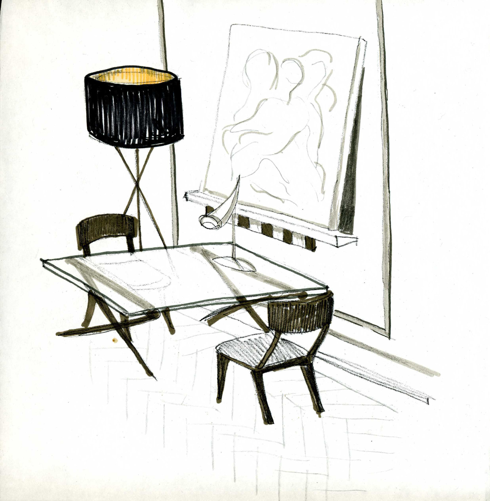 Hand-drawn concept sketch of a hotel room desk with tripod lamp and artwork