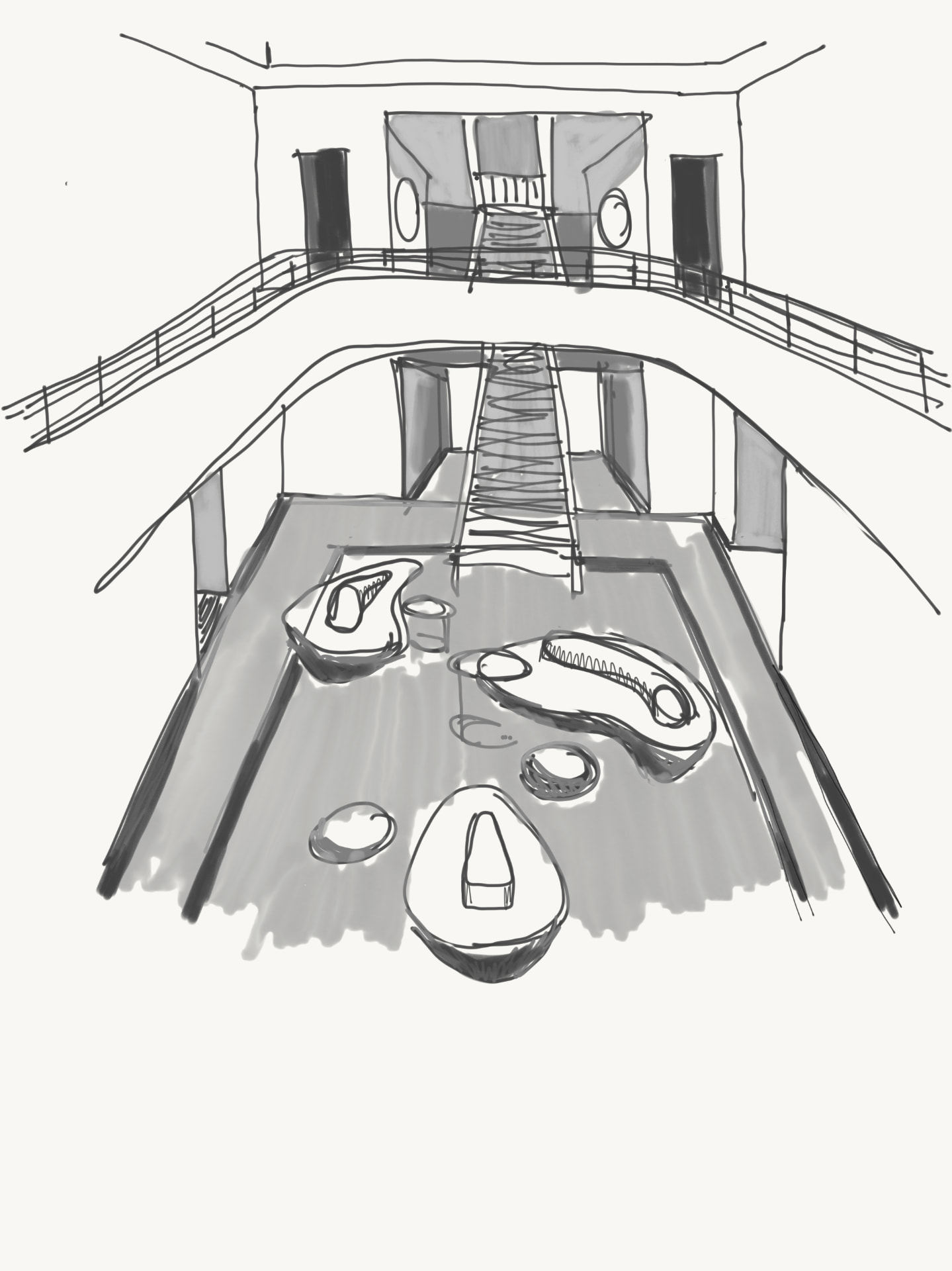 Hand-drawn concept sketch of a lounge with organic seating under a balcony